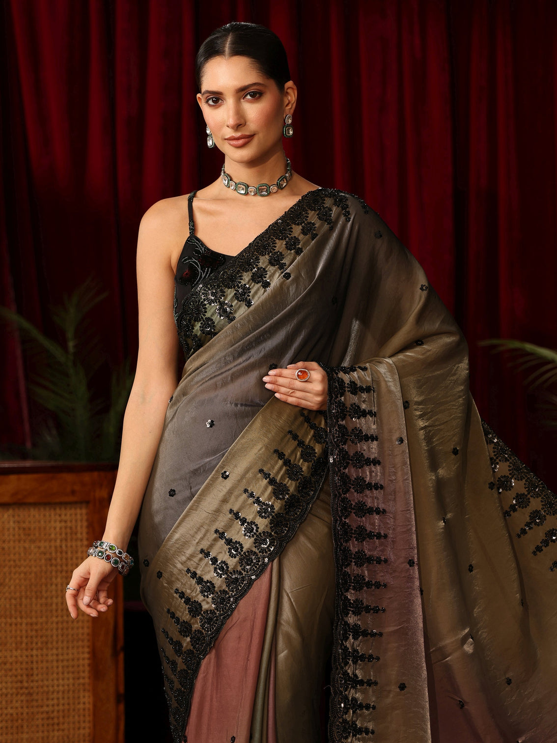 Mameraa Art Ombre Brown Tissue Saree with Sequin Embellished Border