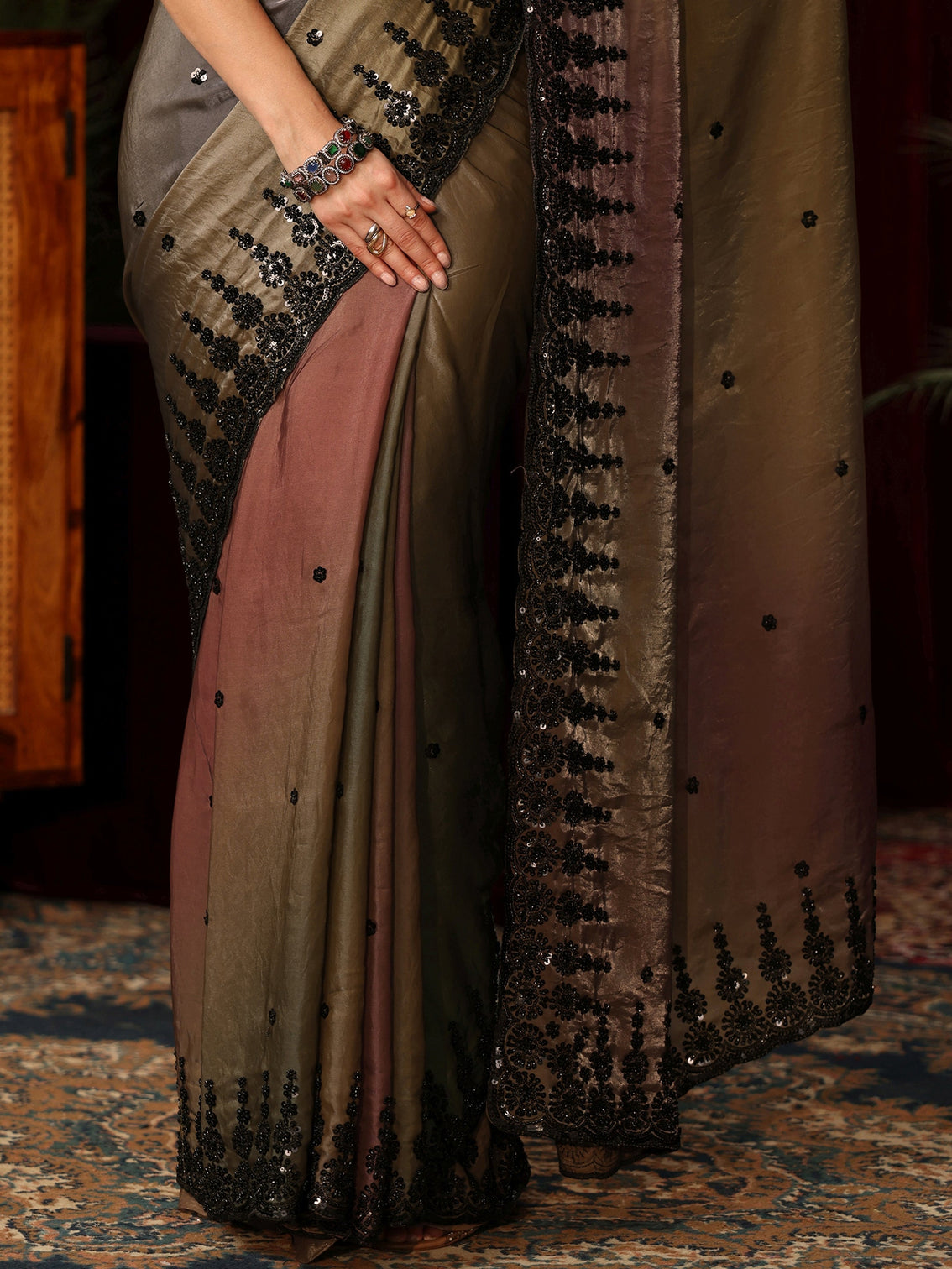 Mameraa Art Ombre Brown Tissue Saree with Sequin Embellished Border