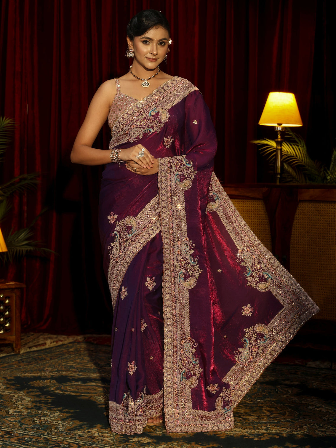 Mameraa Art Burgundy Sequin Tissue Saree with Embellished Border