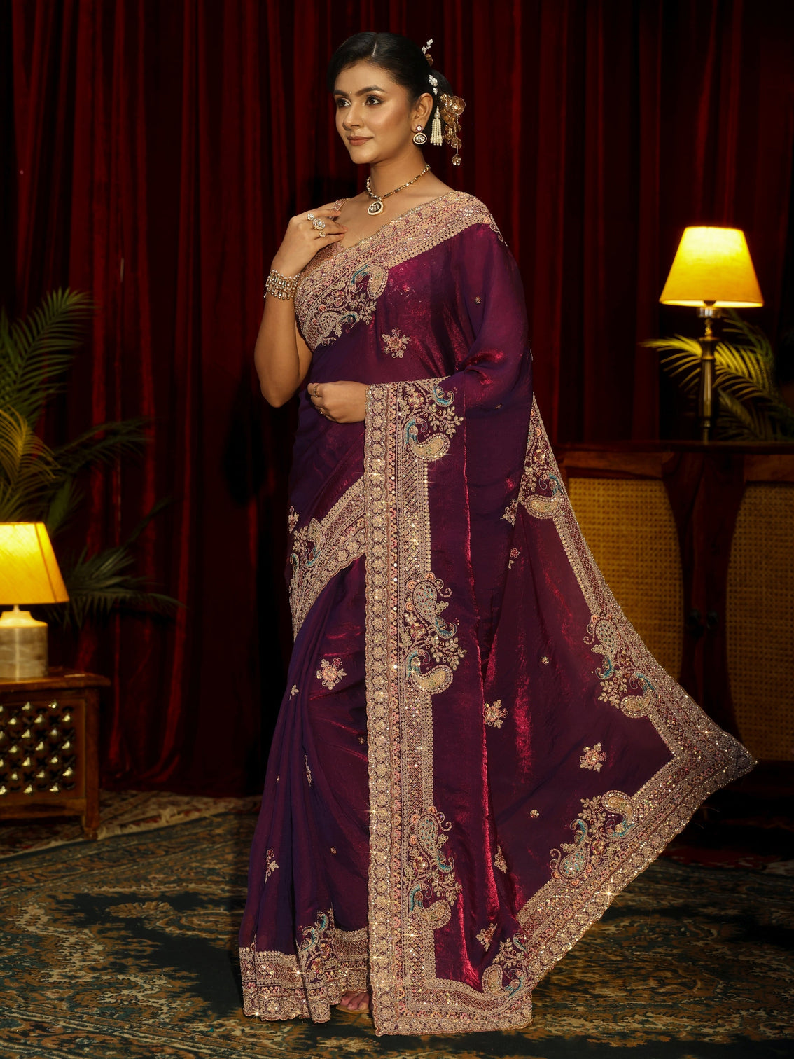 Mameraa Art Burgundy Sequin Tissue Saree with Embellished Border