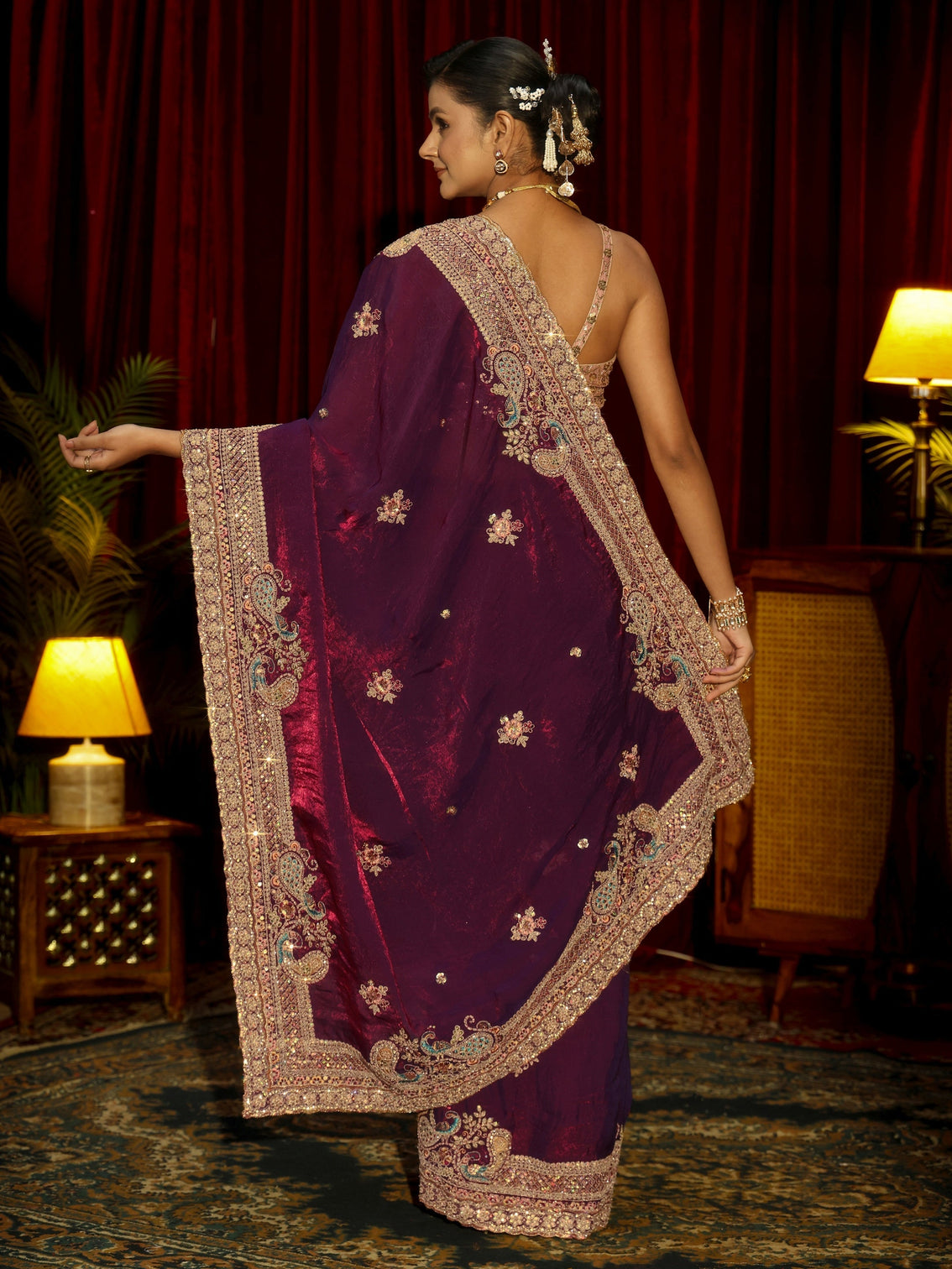 Mameraa Art Burgundy Sequin Tissue Saree with Embellished Border