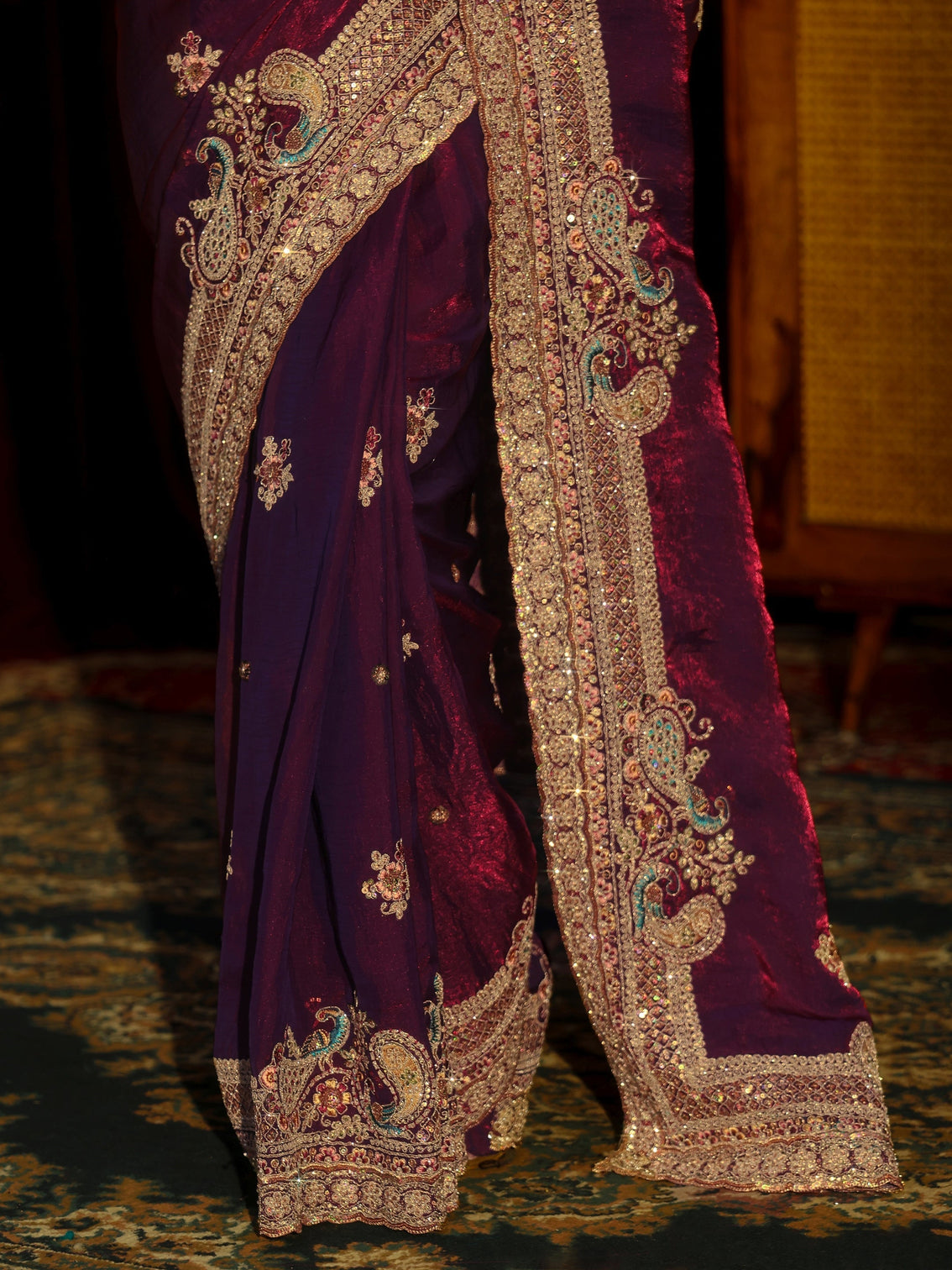 Mameraa Art Burgundy Sequin Tissue Saree with Embellished Border