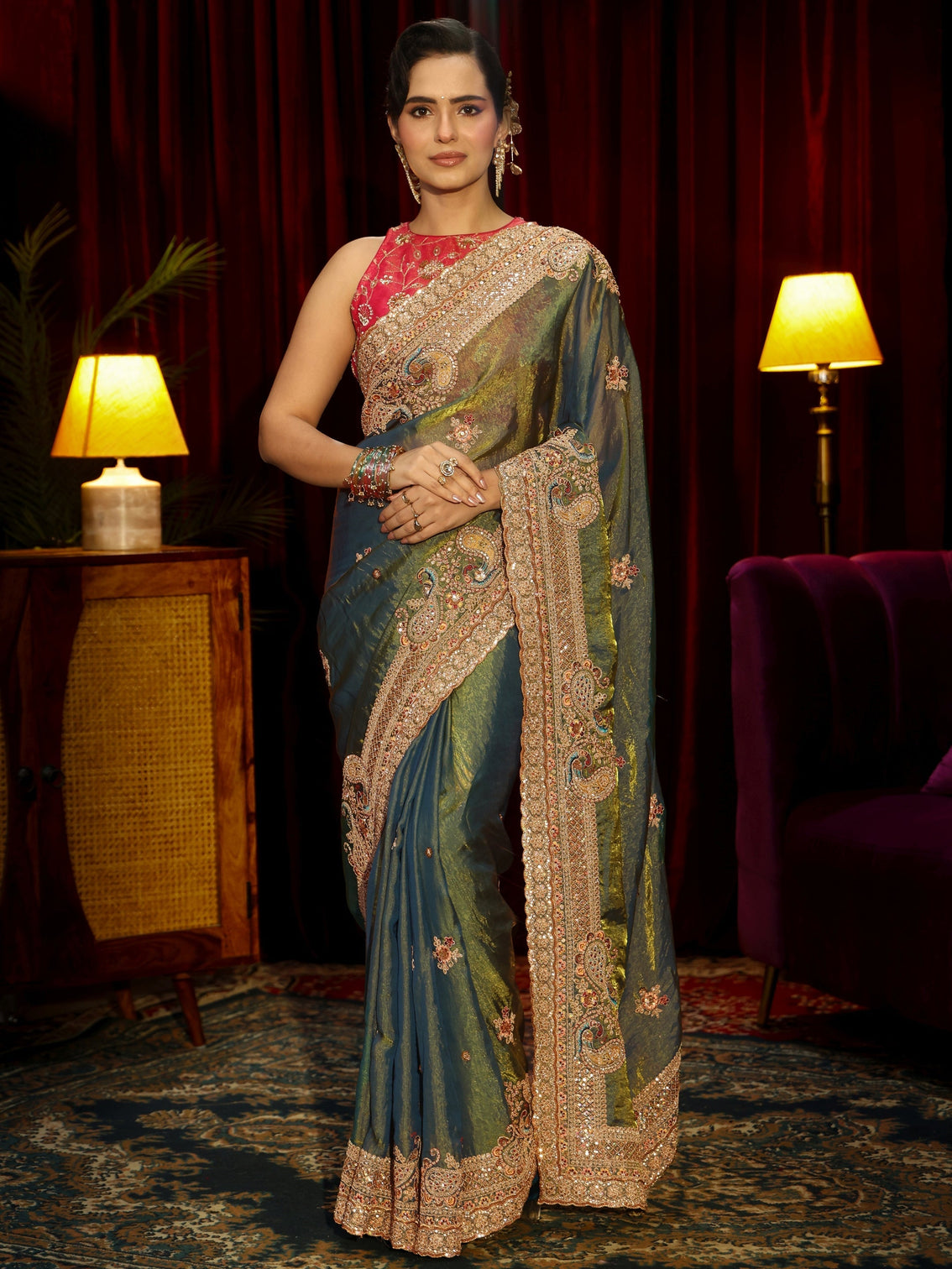 Mameraa Art Forest Green Sequin Tissue Saree with Embellished Border