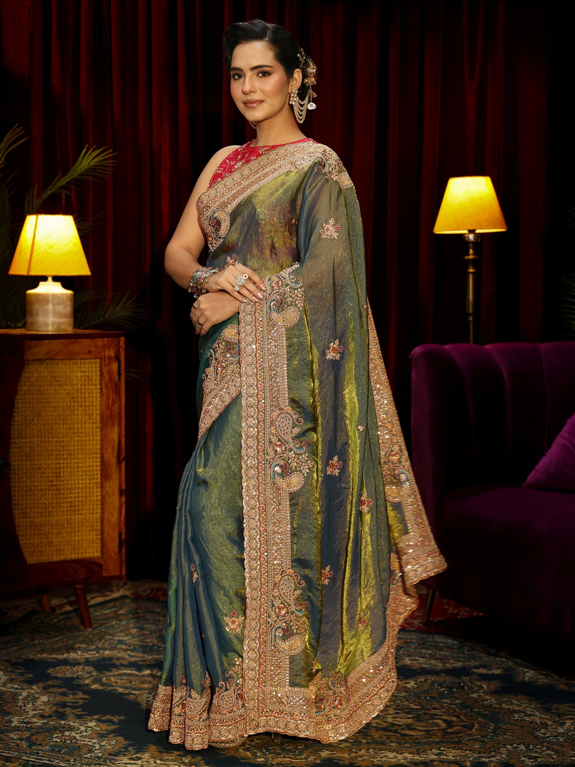 Mameraa Art Forest Green Sequin Tissue Saree with Embellished Border