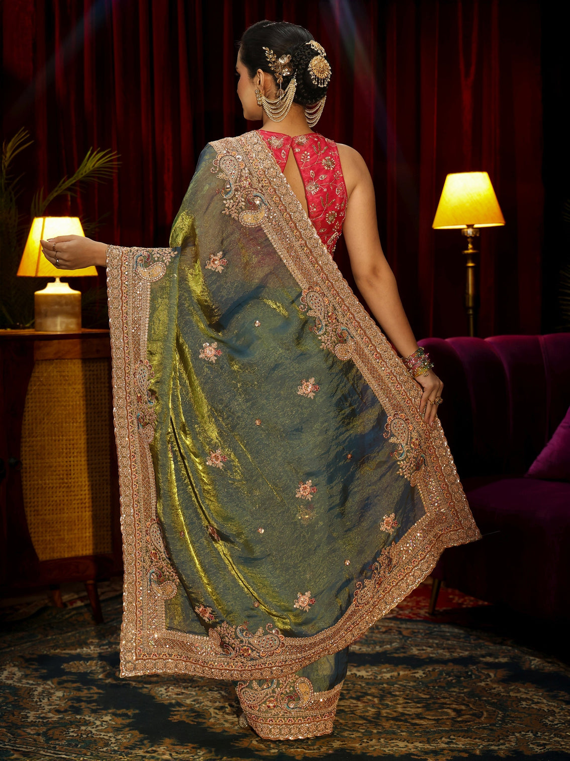 Mameraa Art Forest Green Sequin Tissue Saree with Embellished Border