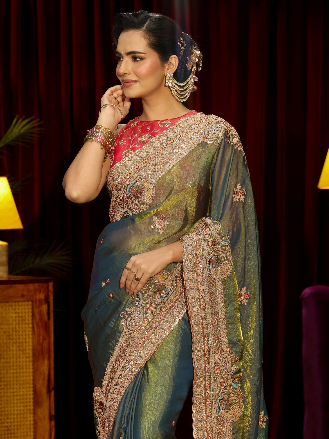 Mameraa Art Forest Green Sequin Tissue Saree with Embellished Border
