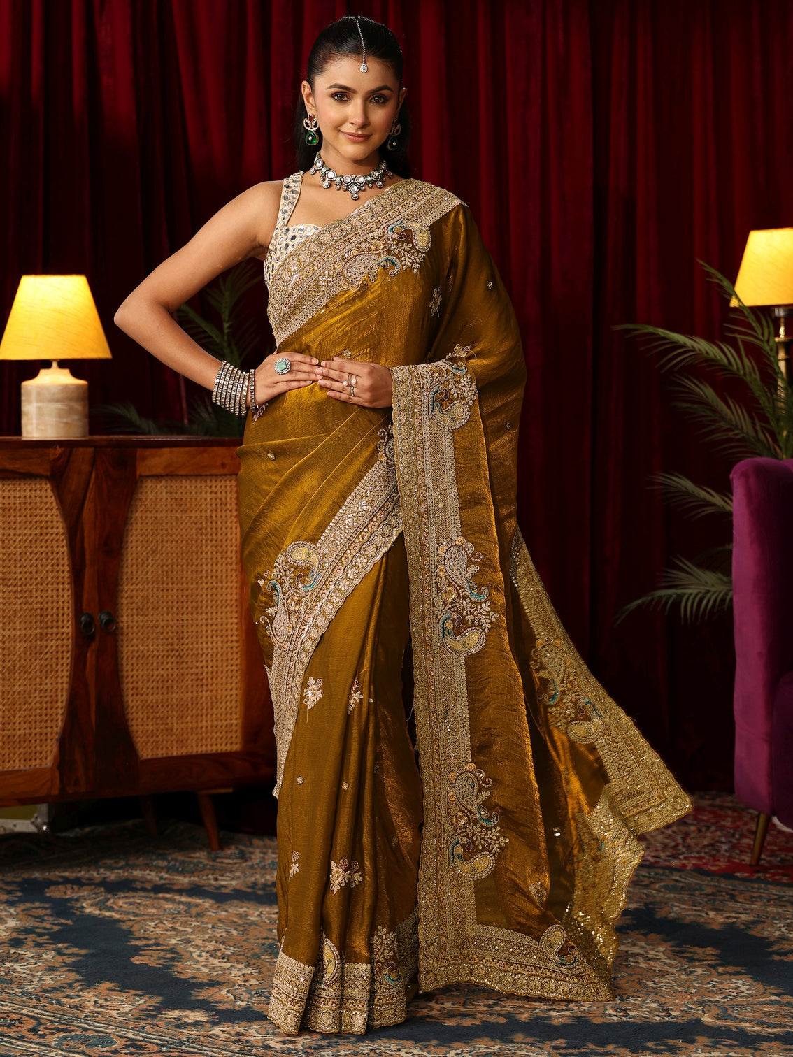 Mameraa Art Golden Mustard Tissue Saree with Embellished Peacock Border