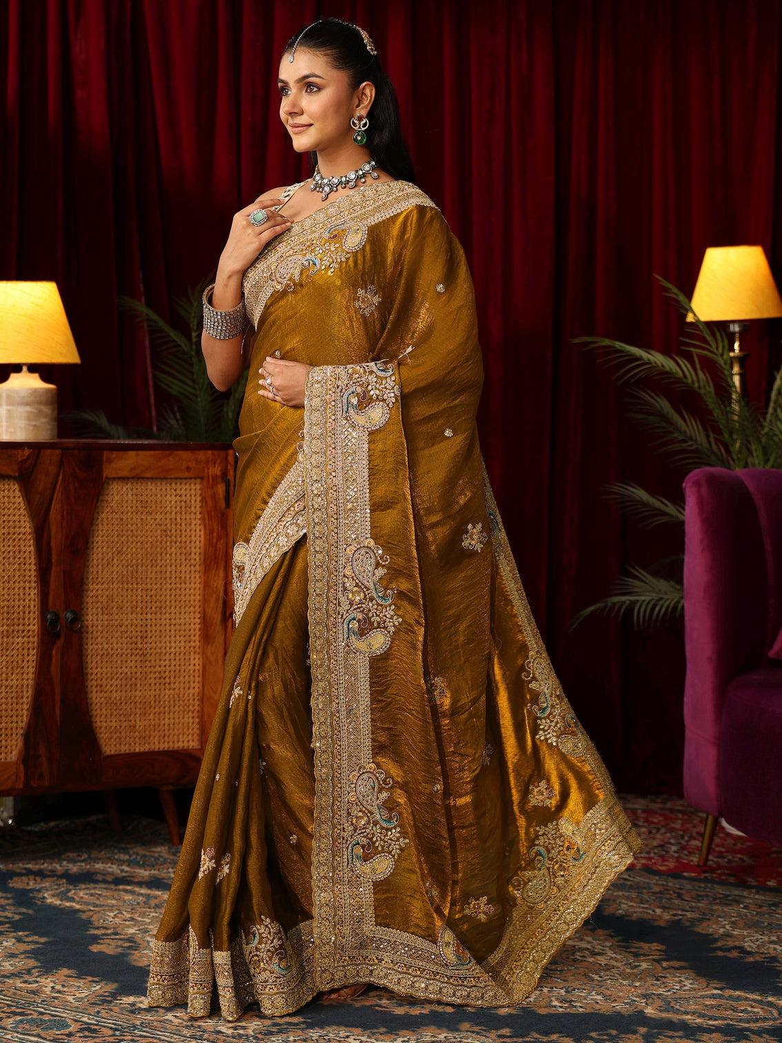 Mameraa Art Golden Mustard Tissue Saree with Embellished Peacock Border