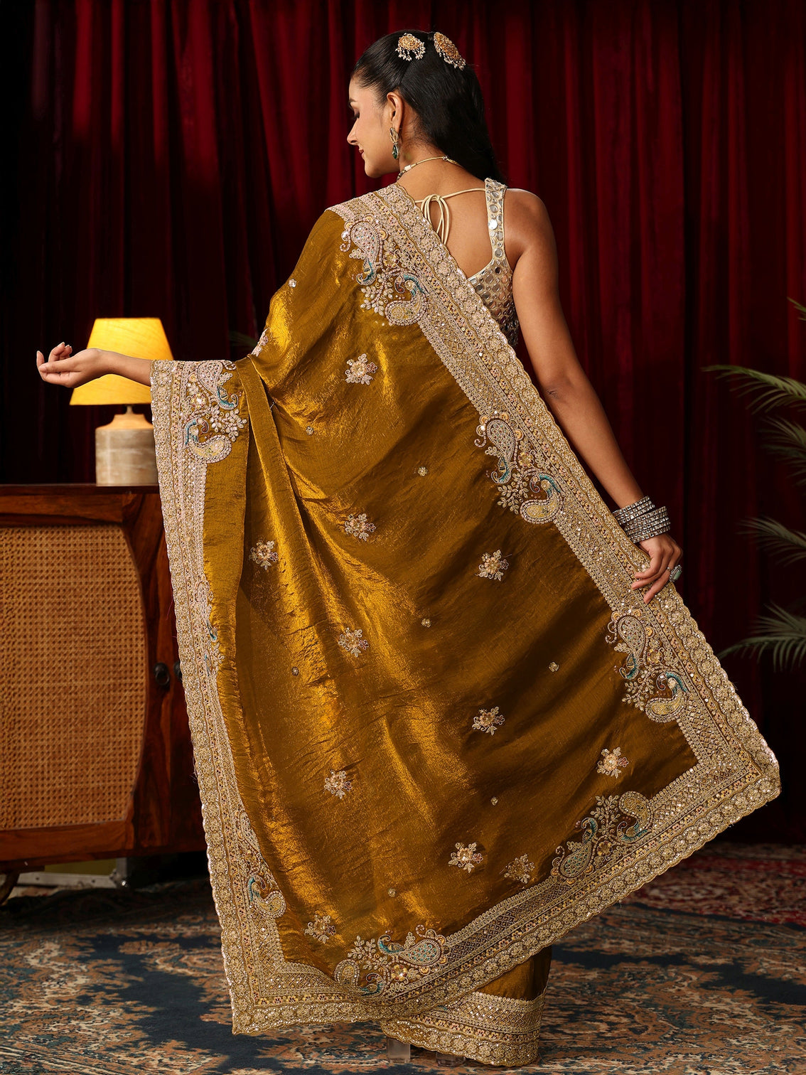 Mameraa Art Golden Mustard Tissue Saree with Embellished Peacock Border