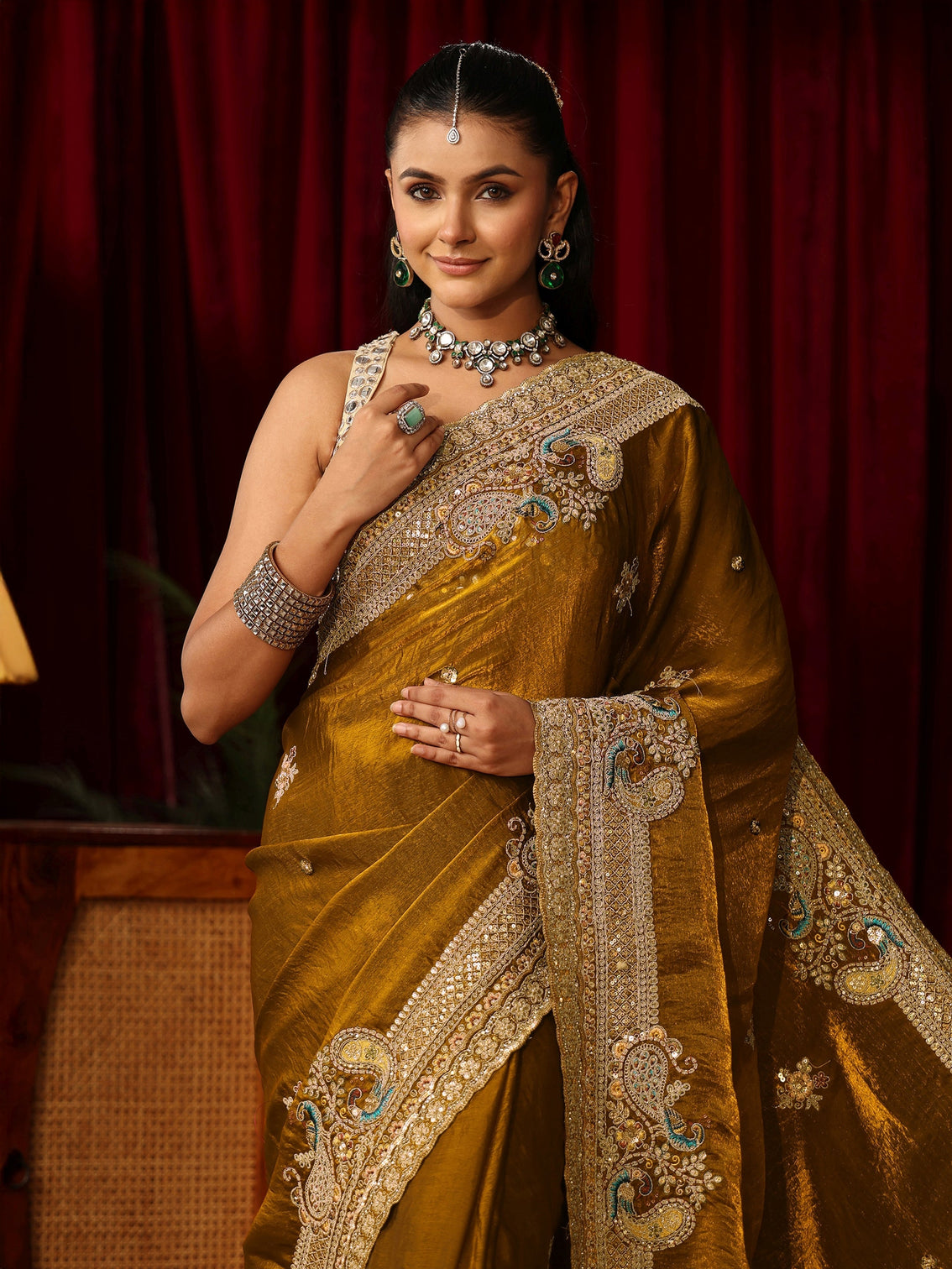 Mameraa Art Golden Mustard Tissue Saree with Embellished Peacock Border