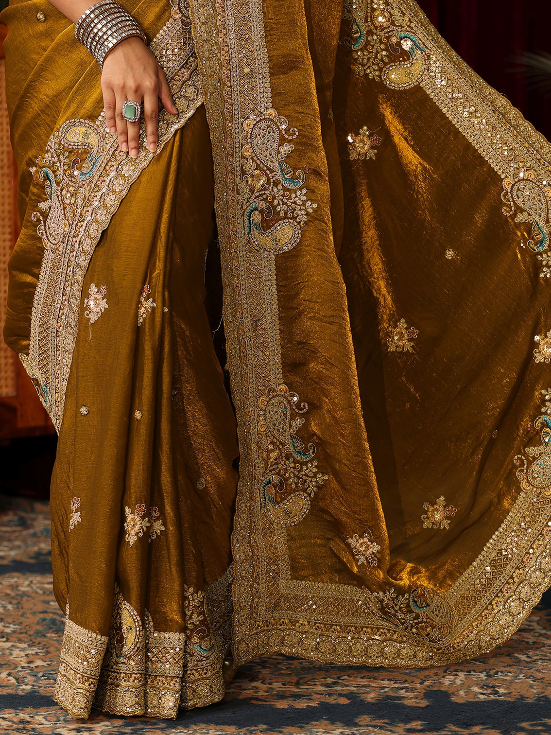 Mameraa Art Golden Mustard Tissue Saree with Embellished Peacock Border