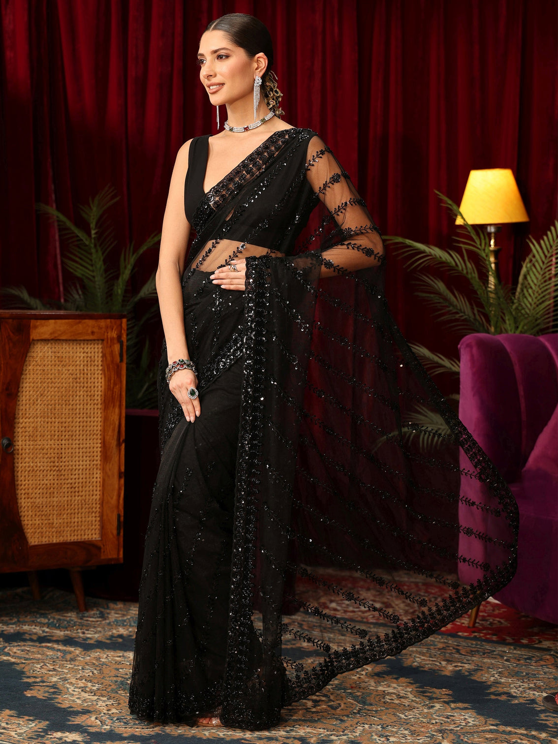 Mameraa Art Black Sequin Embellished Net Saree