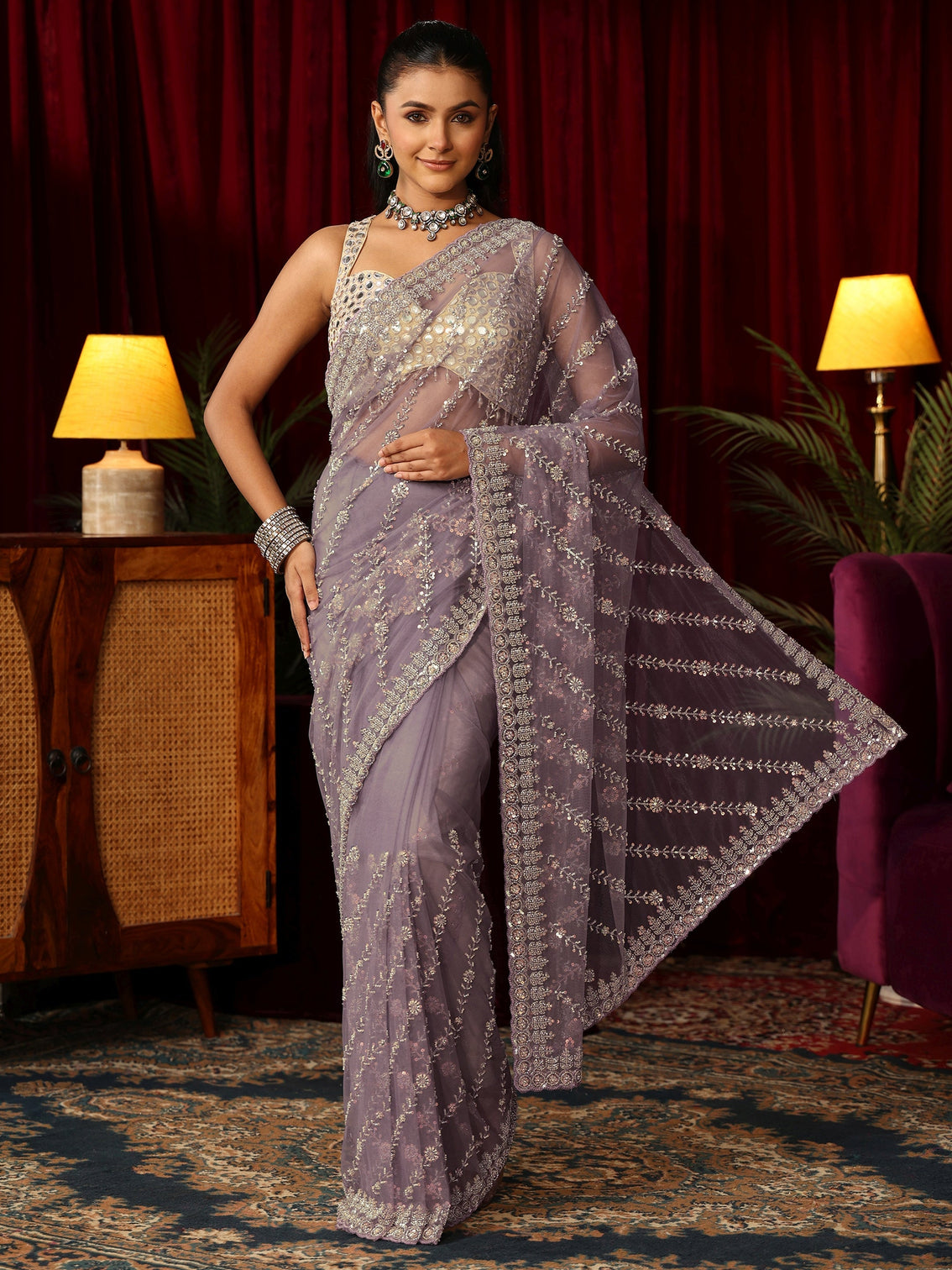 Mameraa Art Lavender Sequin Embellished Net Saree