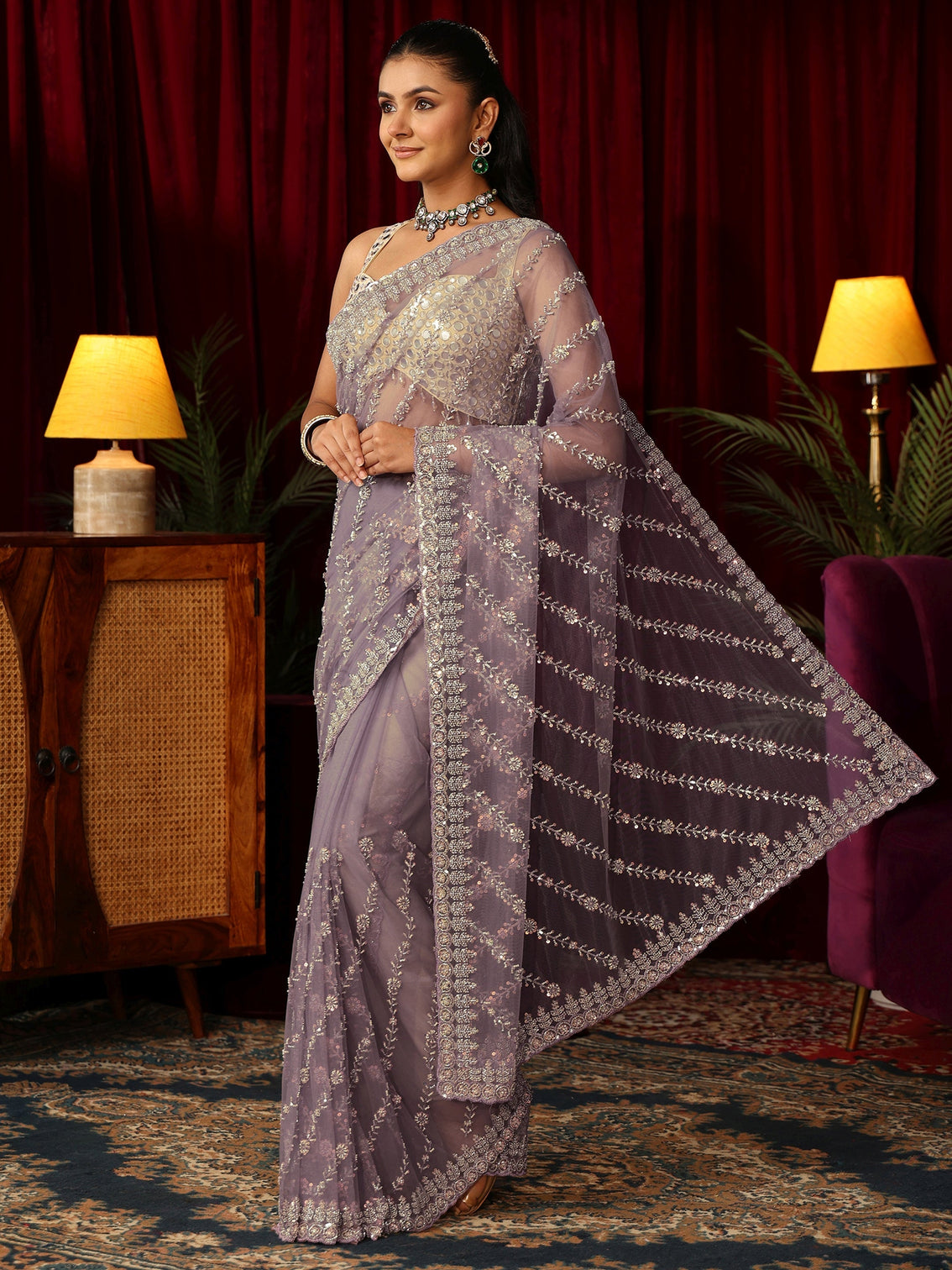 Mameraa Art Lavender Sequin Embellished Net Saree