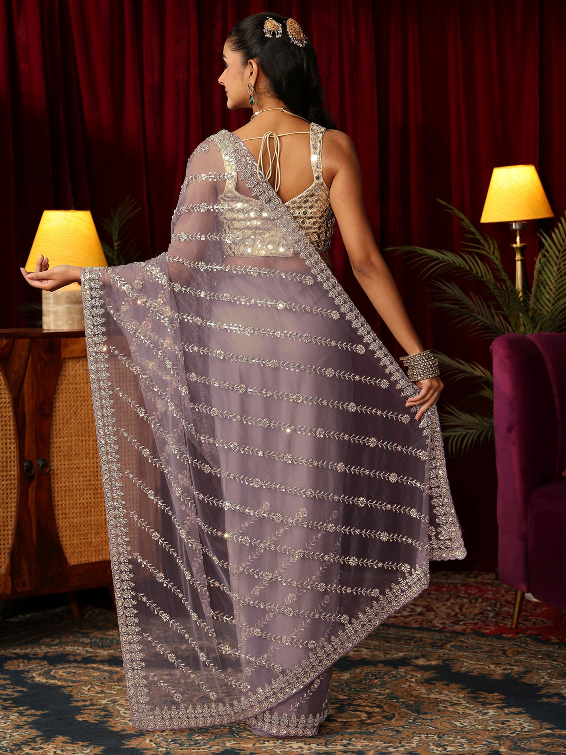 Mameraa Art Lavender Sequin Embellished Net Saree