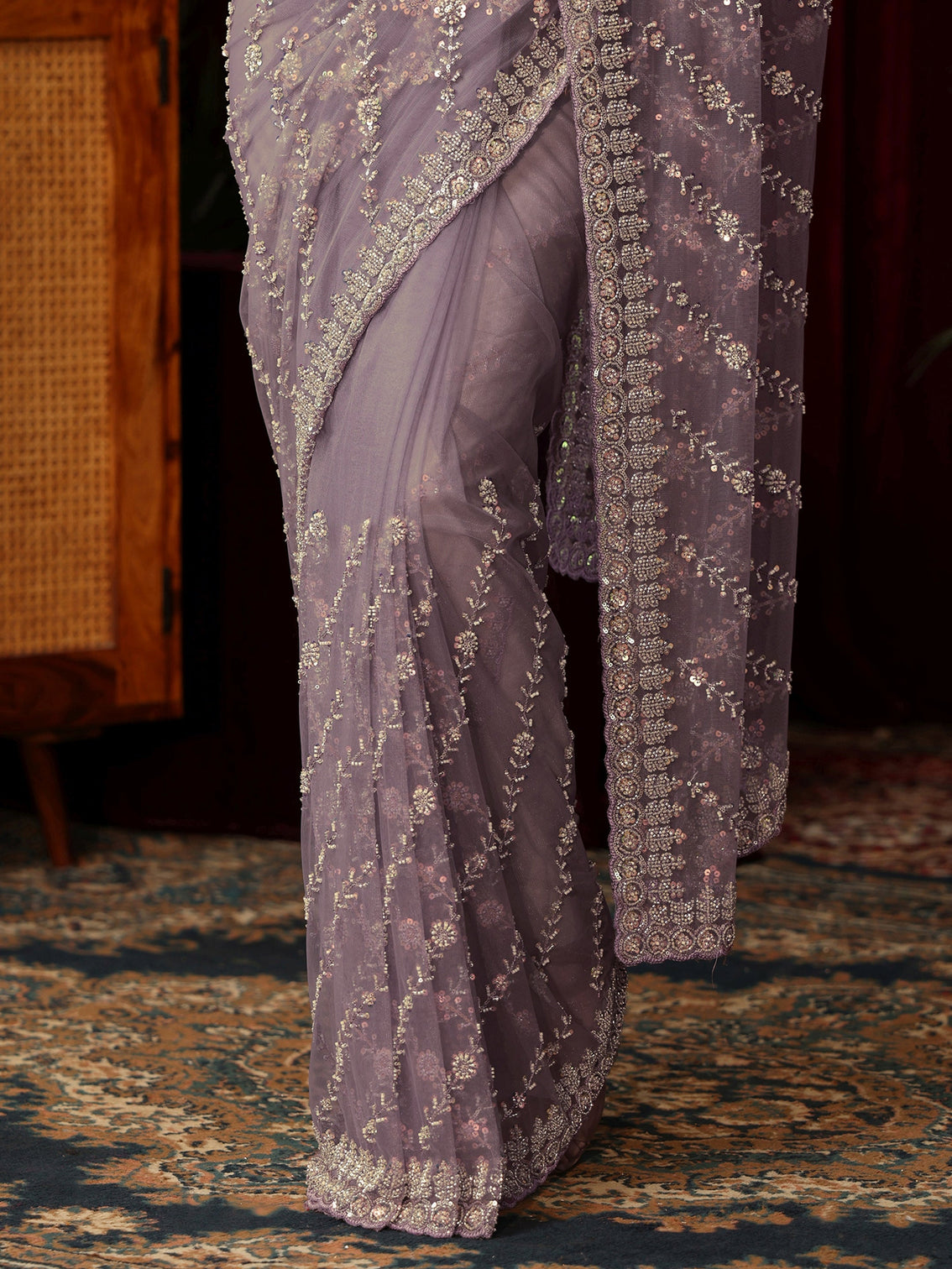 Mameraa Art Lavender Sequin Embellished Net Saree