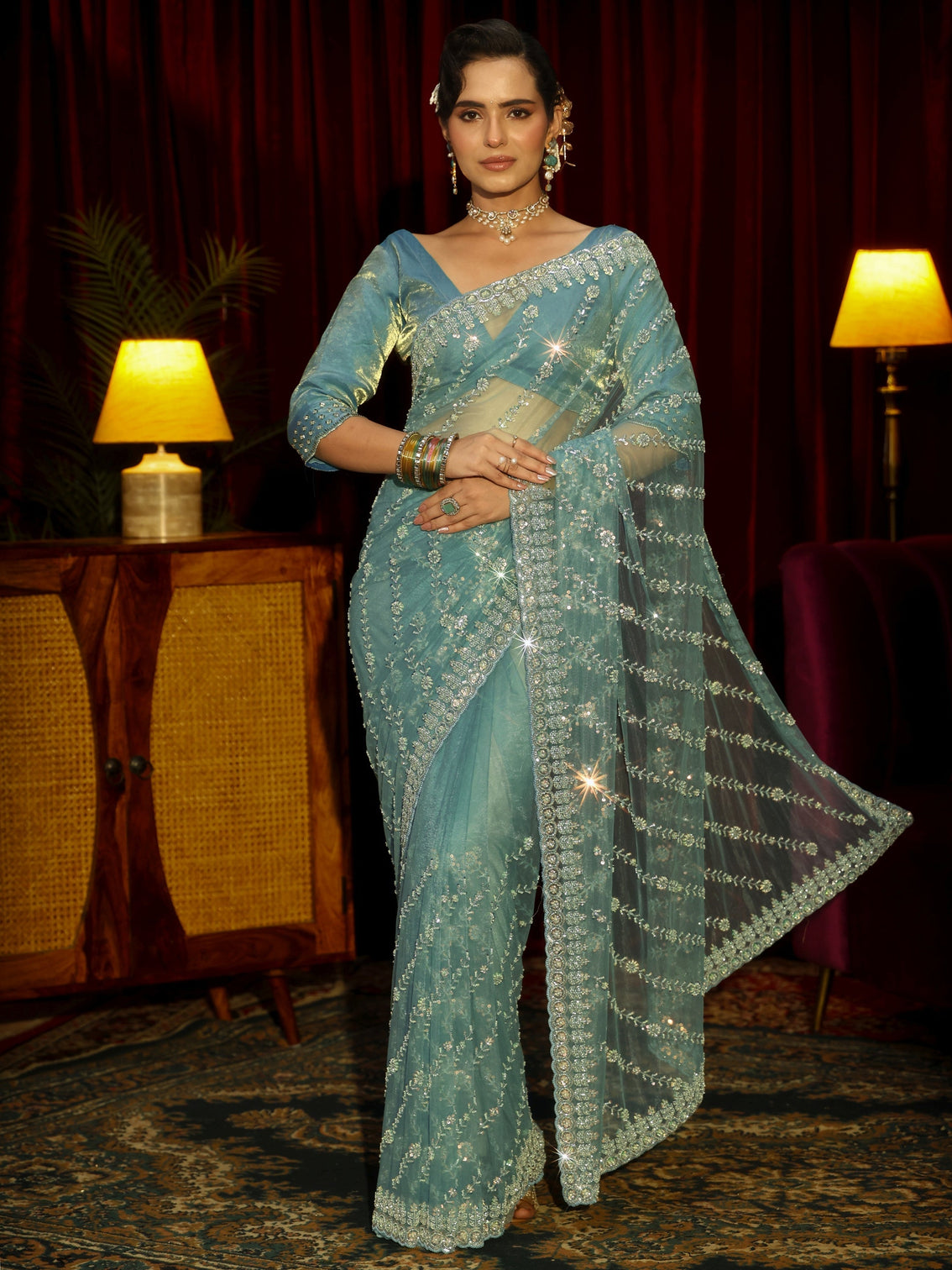 Mameraa Art Powder Blue Floral Embellished Net Saree