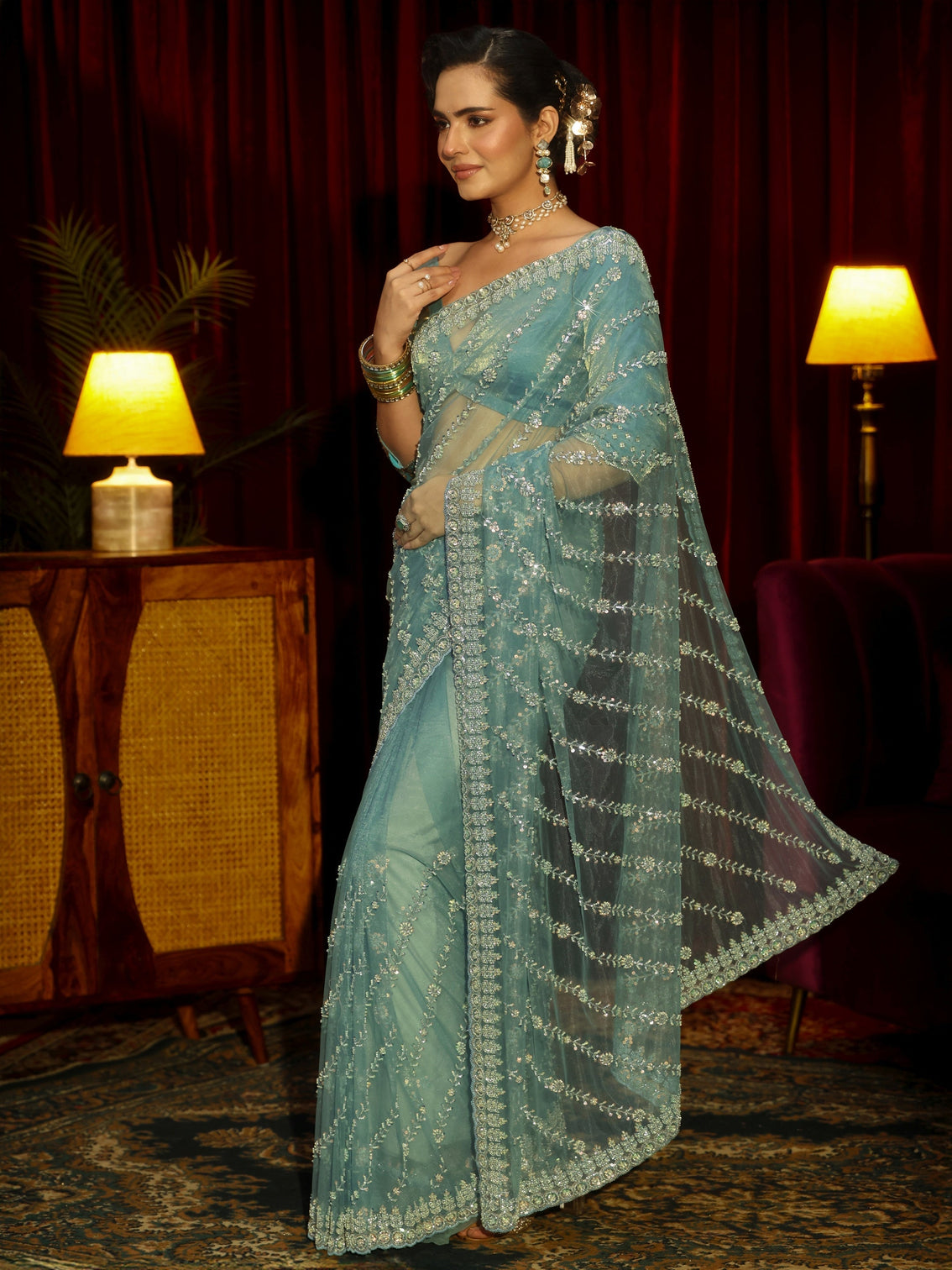 Mameraa Art Powder Blue Floral Embellished Net Saree