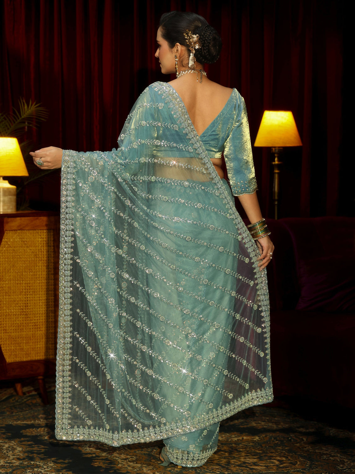 Mameraa Art Powder Blue Floral Embellished Net Saree