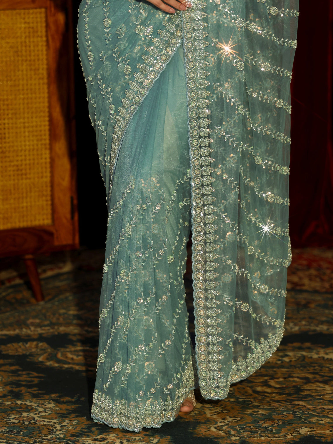 Mameraa Art Powder Blue Floral Embellished Net Saree