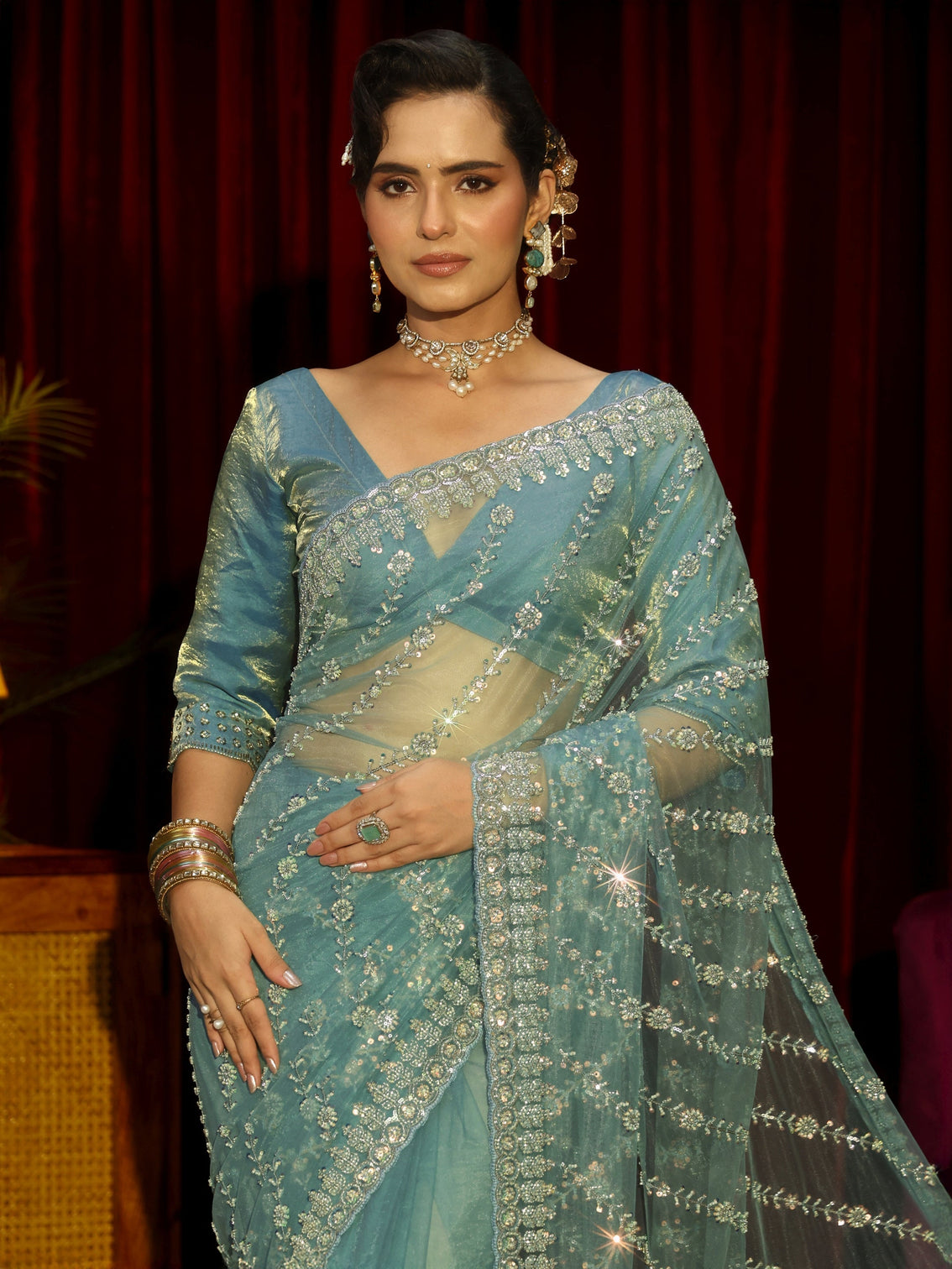 Mameraa Art Powder Blue Floral Embellished Net Saree