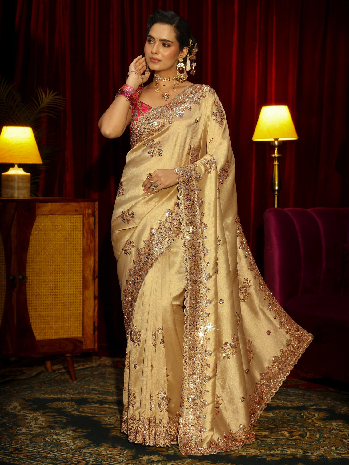 Mameraa Art Green Floral Sequins Embellished Tissue Saree