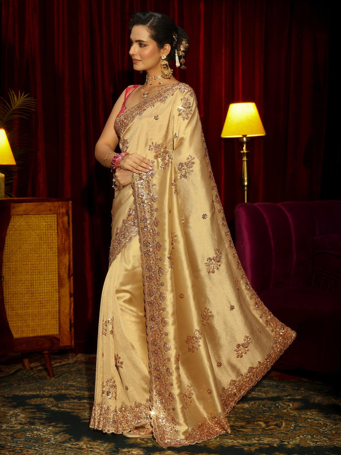 Mameraa Art Green Floral Sequins Embellished Tissue Saree