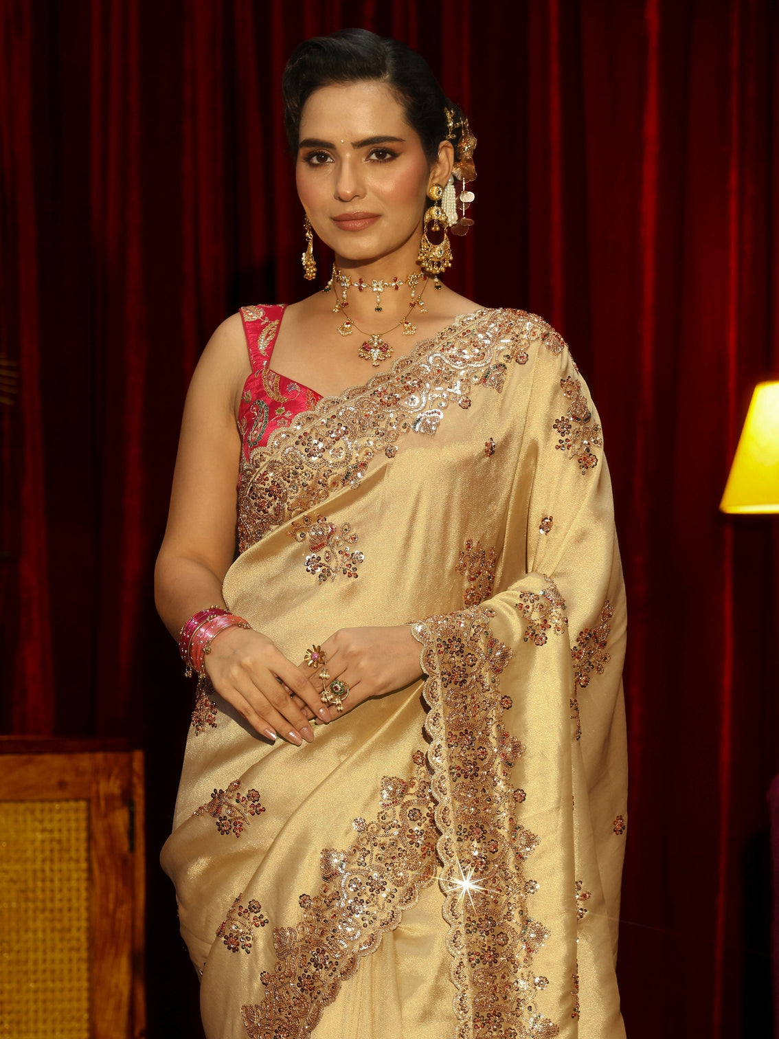 Mameraa Art Green Floral Sequins Embellished Tissue Saree