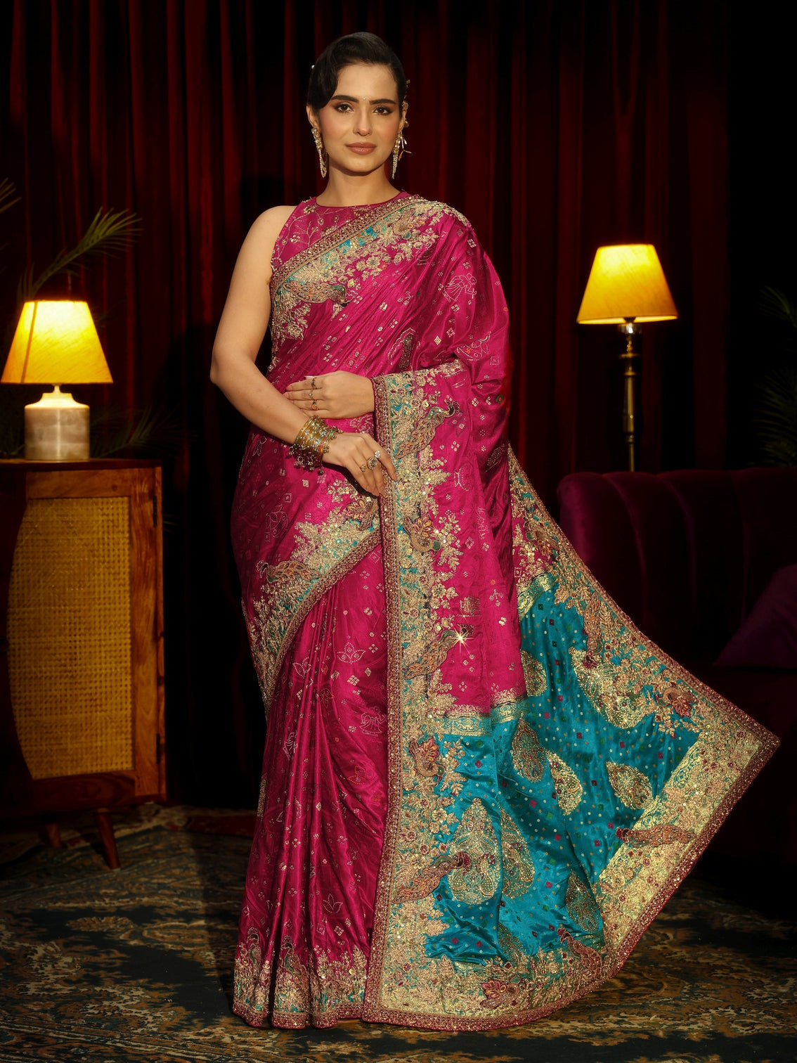 Mameraa Art Rani Pink Silk Blend Saree with Embellished Border