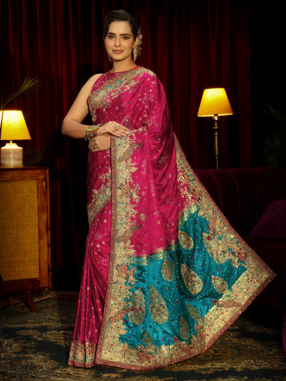 Mameraa Art Rani Pink Silk Blend Saree with Embellished Border