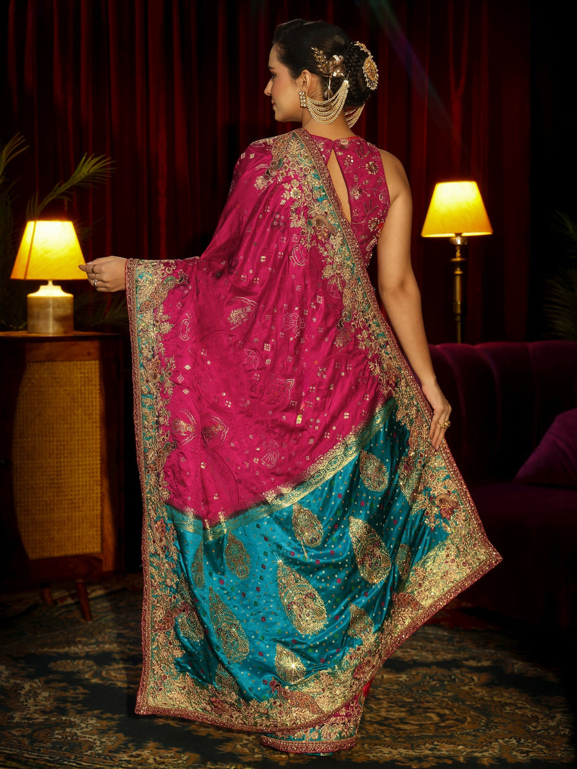 Mameraa Art Rani Pink Silk Blend Saree with Embellished Border