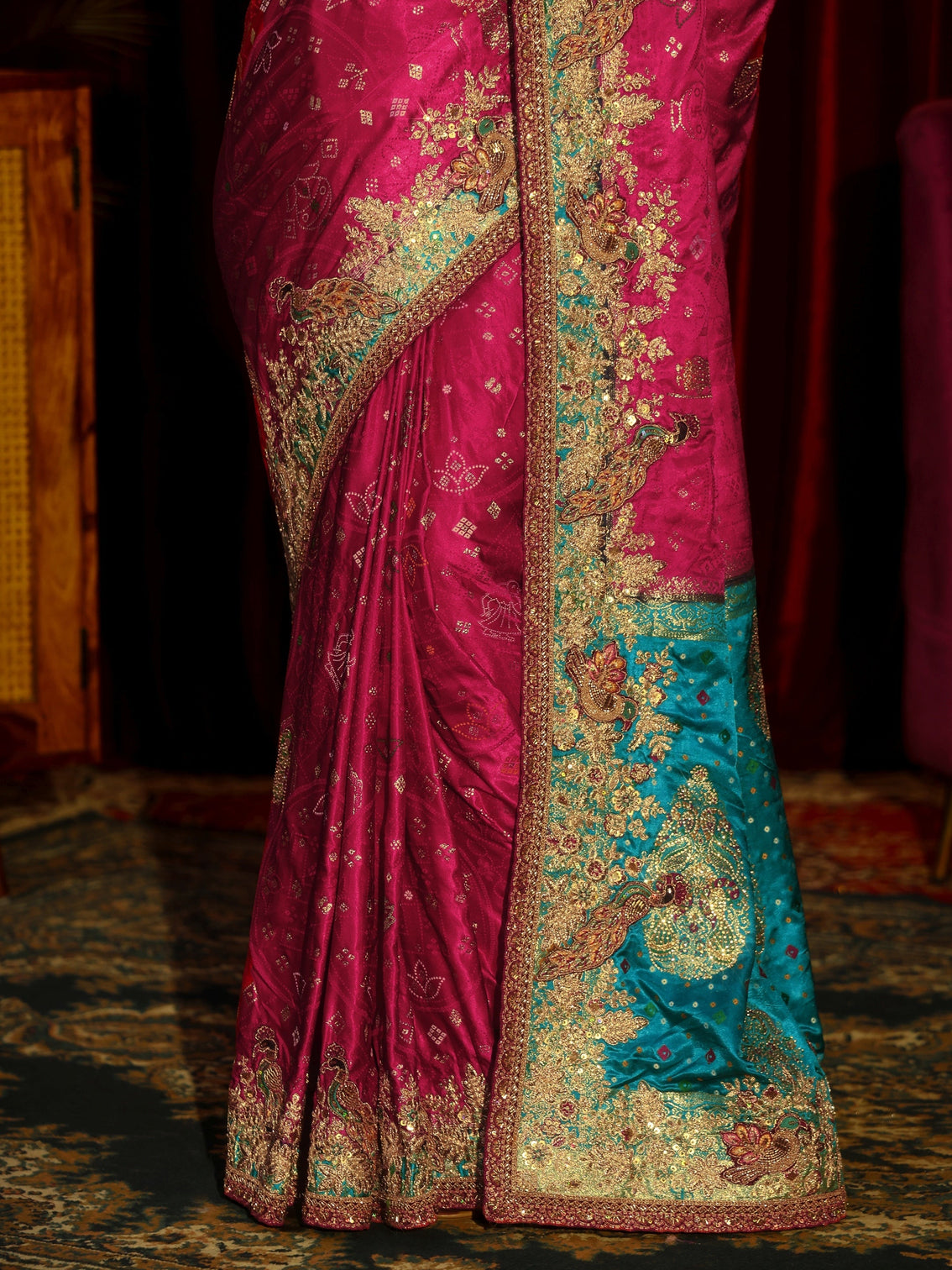 Mameraa Art Rani Pink Silk Blend Saree with Embellished Border