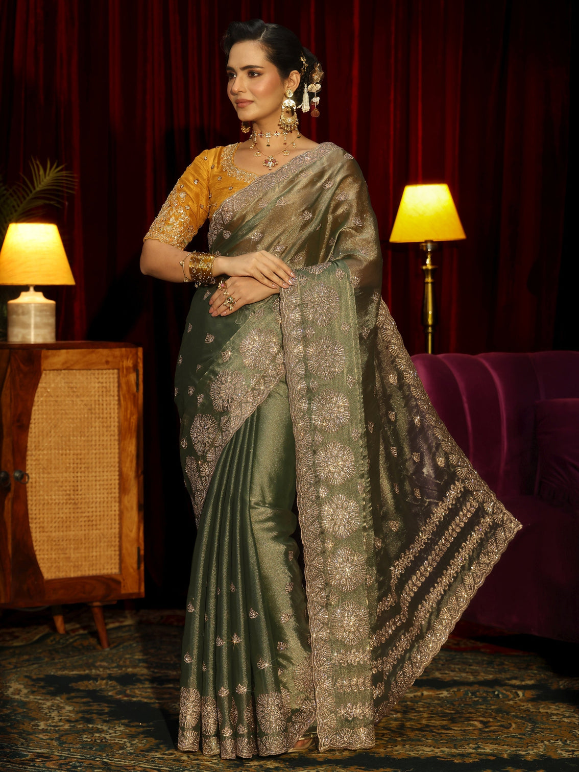 Mameraa Art Olive Green Floral Embellished Tissue Saree