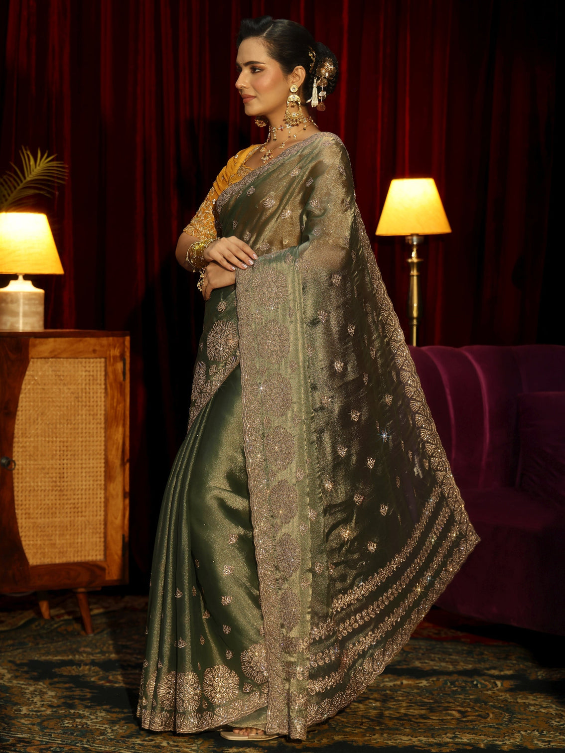 Mameraa Art Olive Green Floral Embellished Tissue Saree