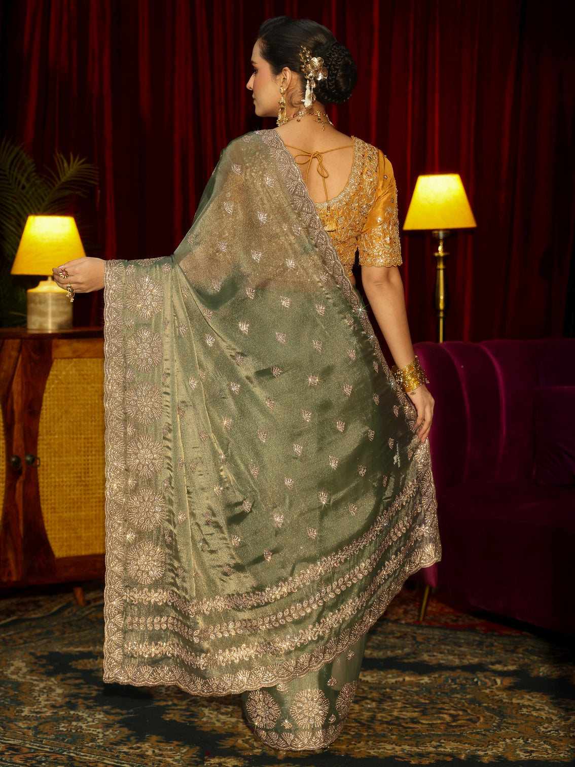 Mameraa Art Olive Green Floral Embellished Tissue Saree