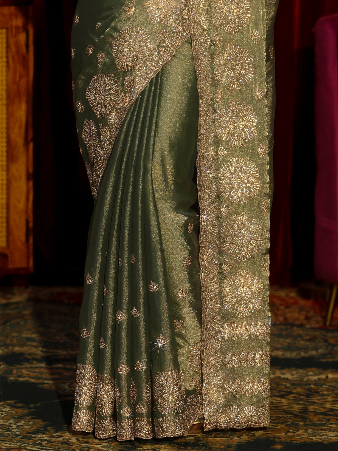 Mameraa Art Olive Green Floral Embellished Tissue Saree