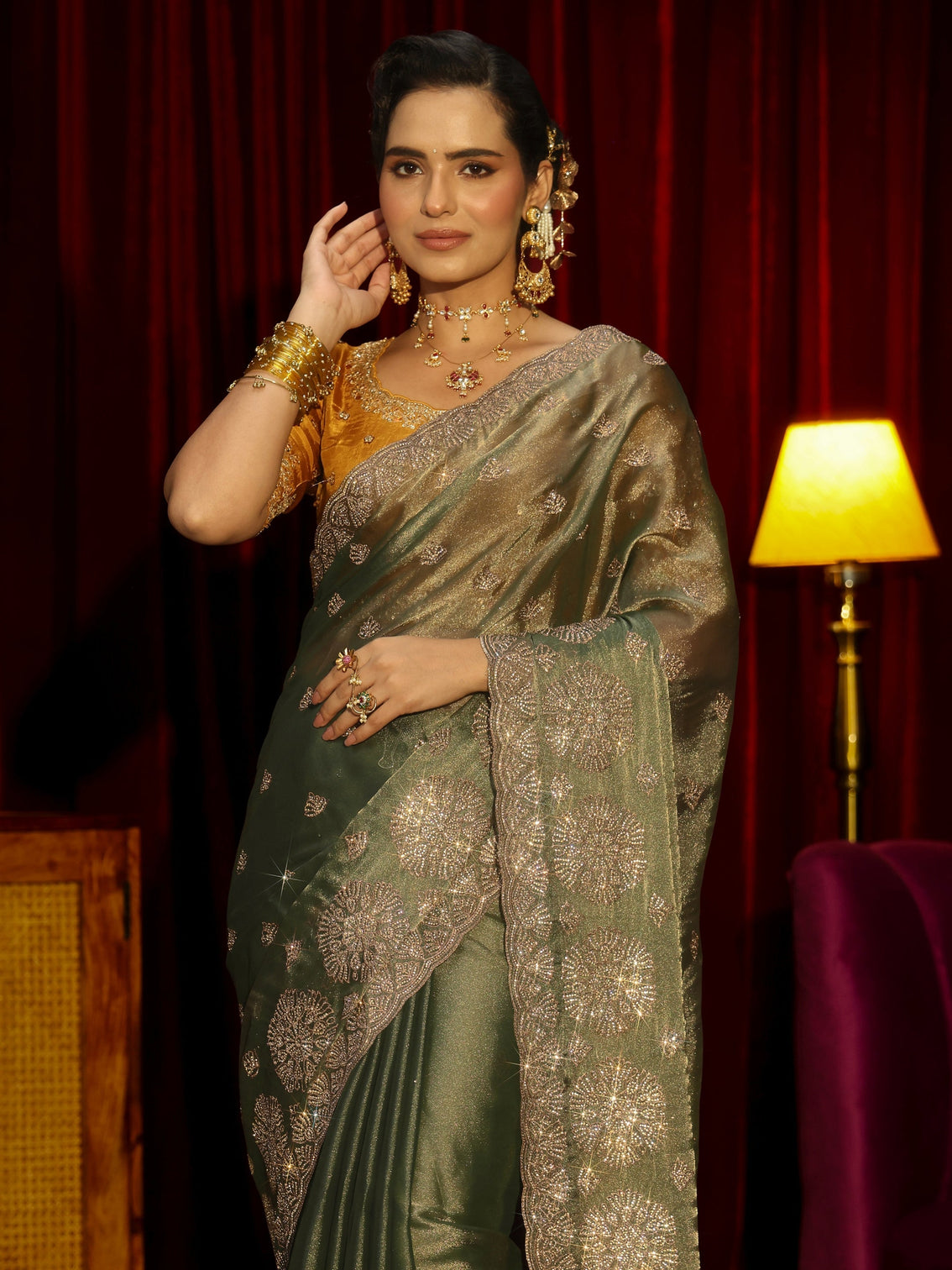 Mameraa Art Olive Green Floral Embellished Tissue Saree
