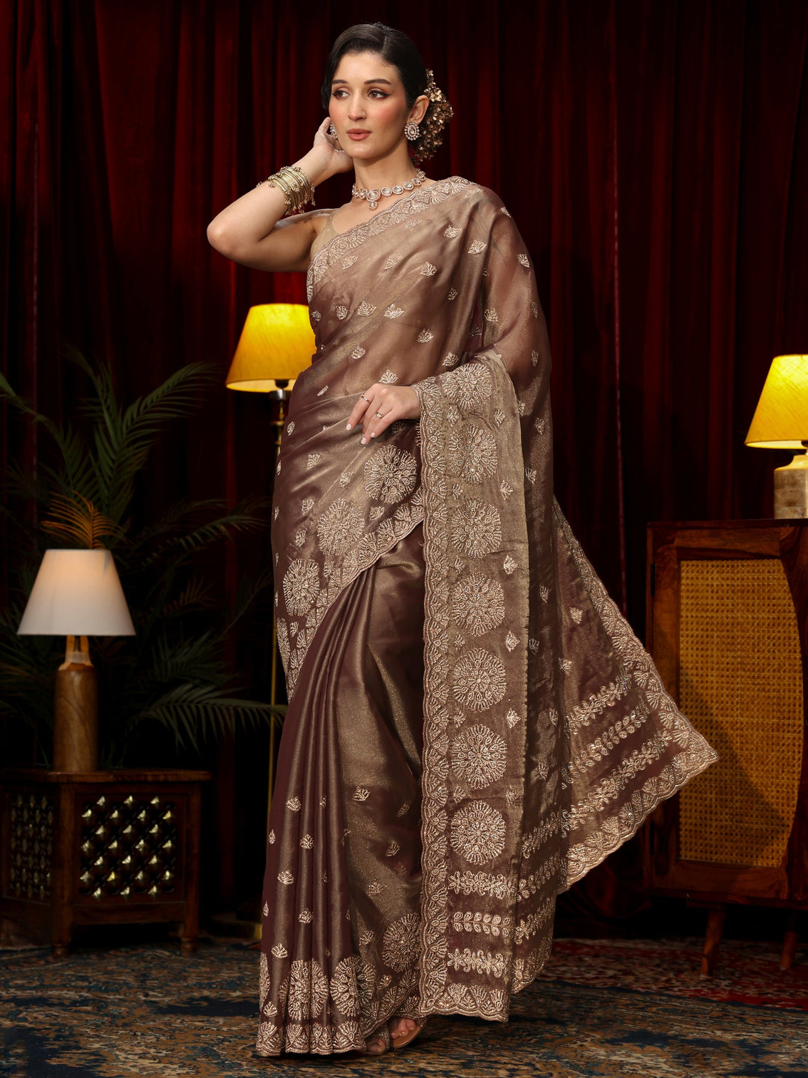 Mameraa Art Mauve Stone Work Embellished Tissue Saree