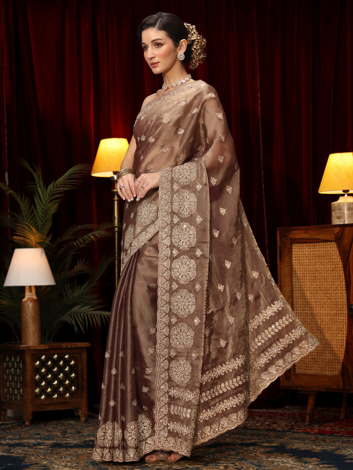 Mameraa Art Mauve Stone Work Embellished Tissue Saree