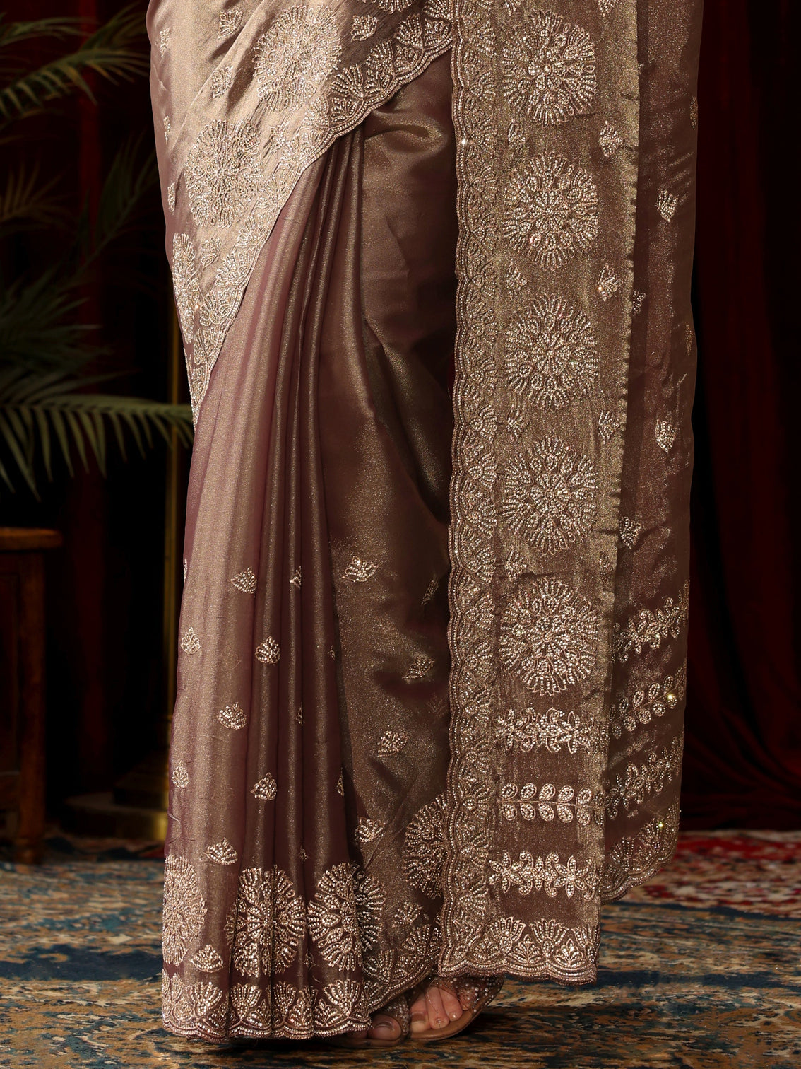 Mameraa Art Mauve Stone Work Embellished Tissue Saree