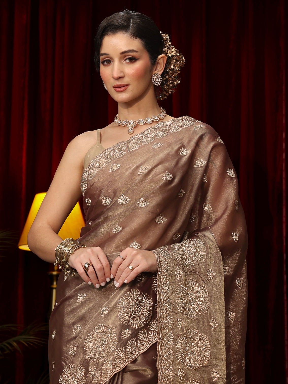 Mameraa Art Mauve Stone Work Embellished Tissue Saree
