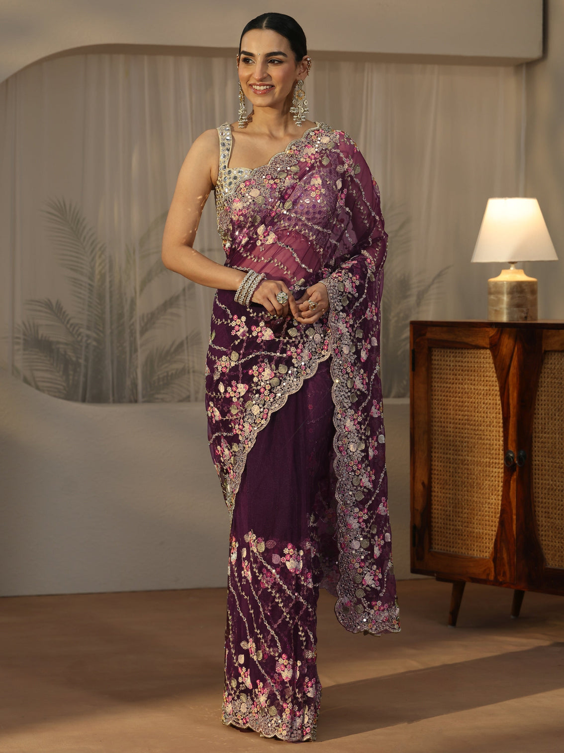 Mameraa Art Burgundy Floral Embellished Net Saree