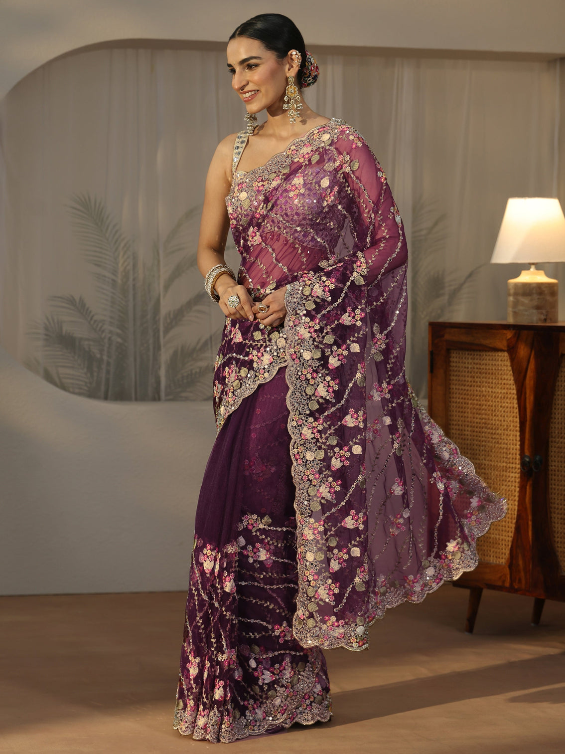Mameraa Art Burgundy Floral Embellished Net Saree