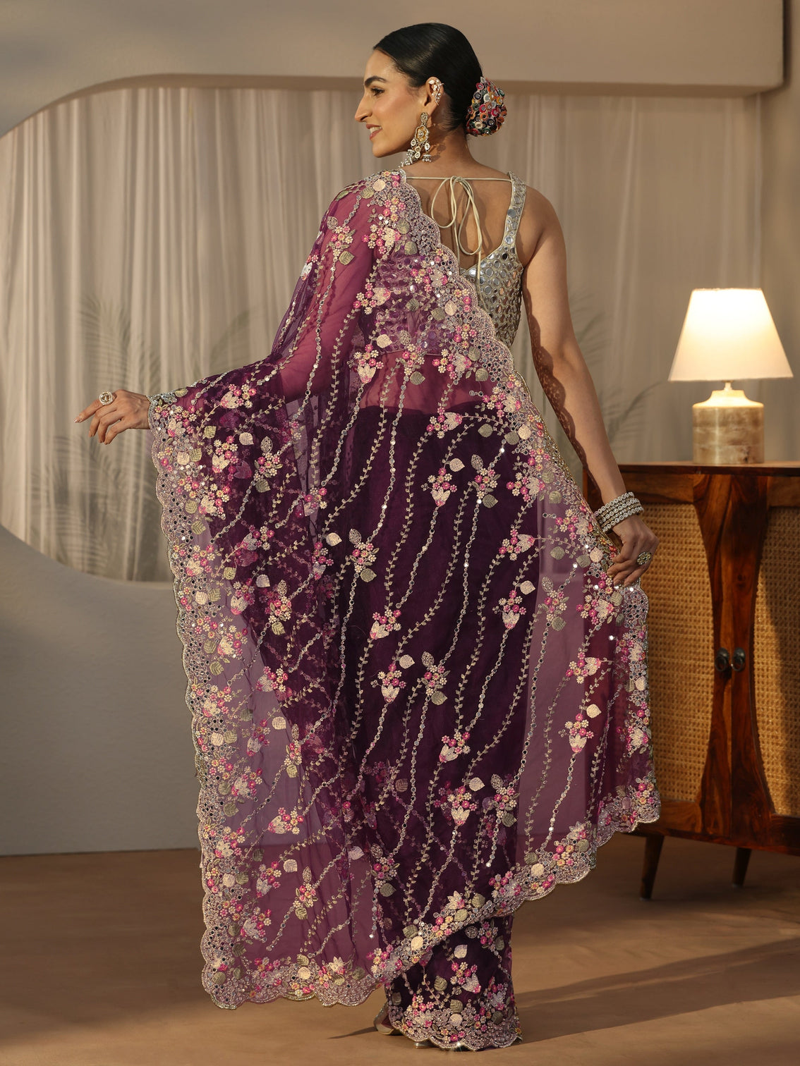 Mameraa Art Burgundy Floral Embellished Net Saree