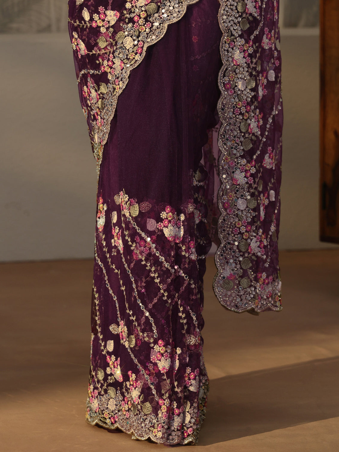 Mameraa Art Burgundy Floral Embellished Net Saree