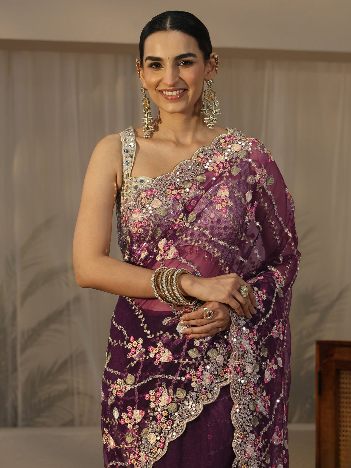 Mameraa Art Burgundy Floral Embellished Net Saree