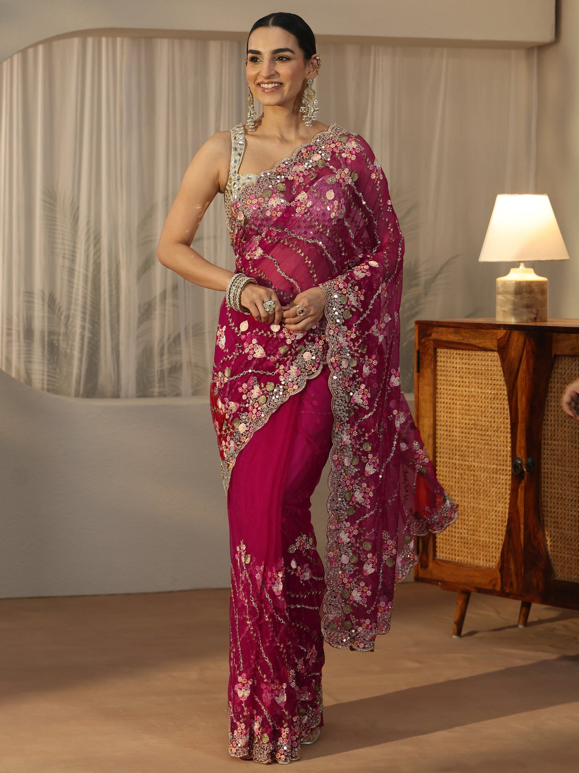 Mameraa Art Fuchsia Pink Floral Embellished Net Saree