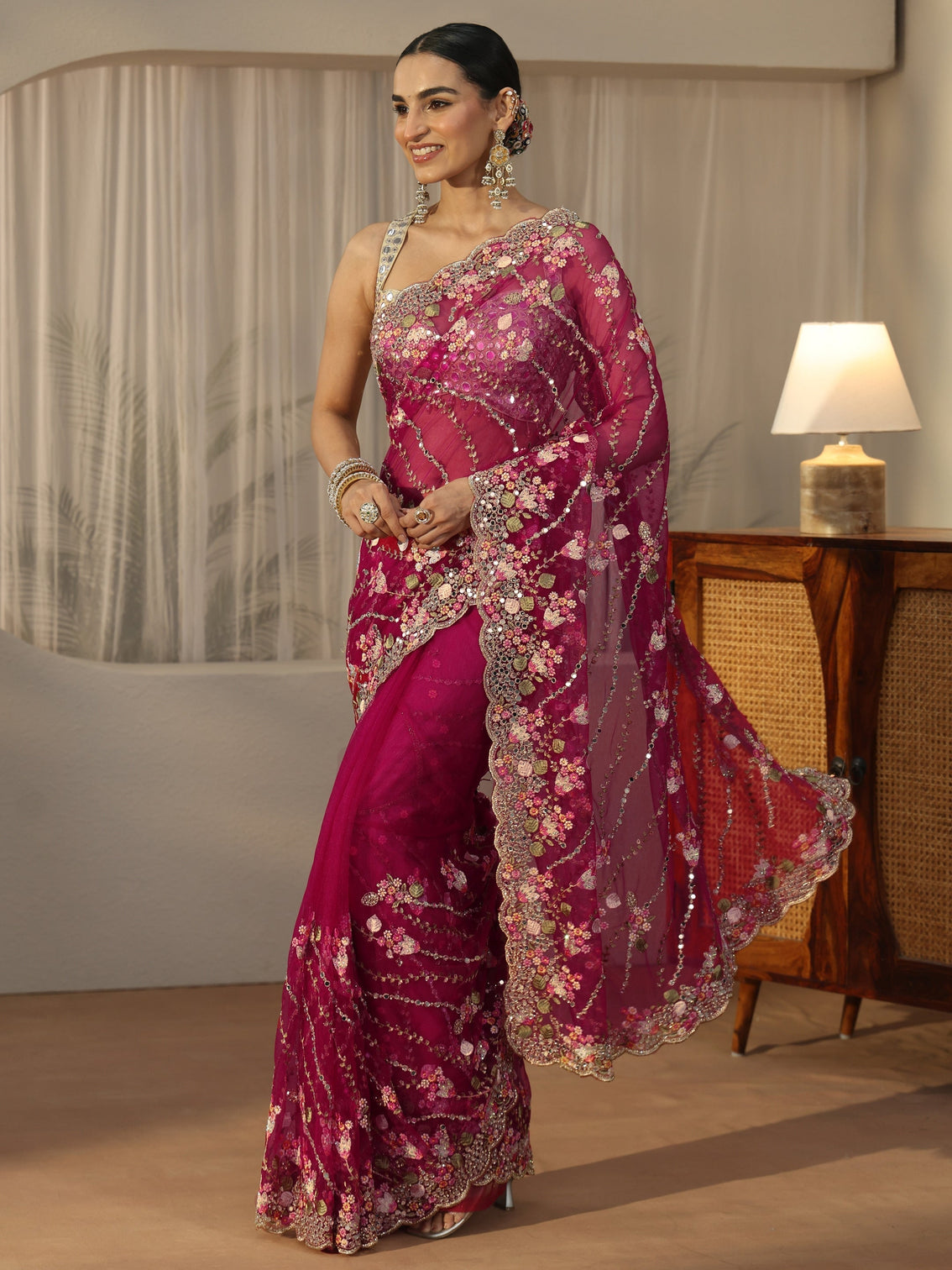 Mameraa Art Fuchsia Pink Floral Embellished Net Saree
