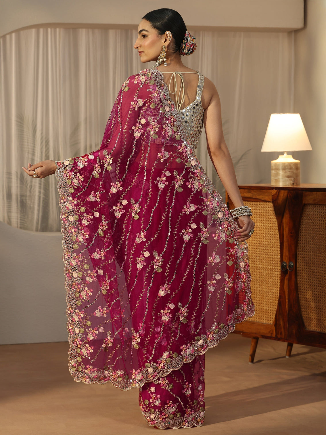 Mameraa Art Fuchsia Pink Floral Embellished Net Saree