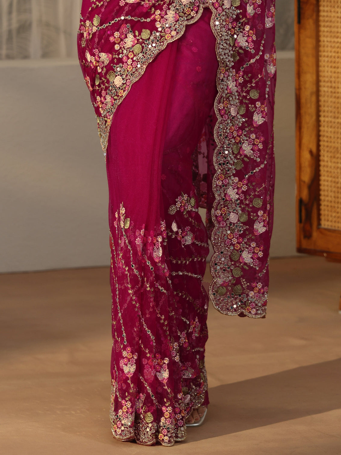 Mameraa Art Fuchsia Pink Floral Embellished Net Saree